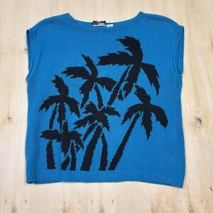 Vintage Rrrrruss Sweater Vest Womens Large Blue Palm Tree Knit Hong Kong